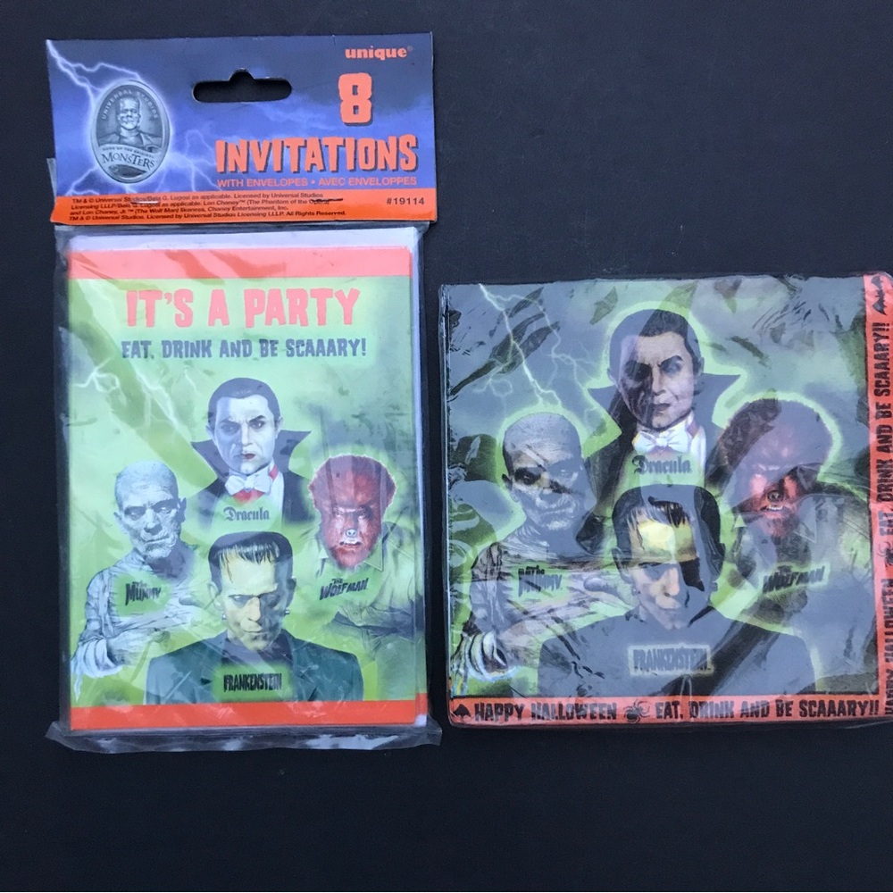 NIP VHTF VINTAGE Universal Studios Classic Horror‎ Party Invitation & Napkins
